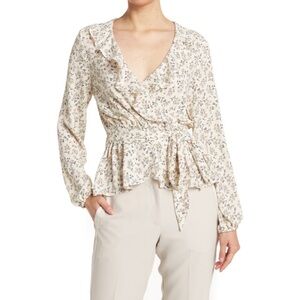 Max Studio Cream Floral Ruffle Tie Wrap Peplum Blouse XS